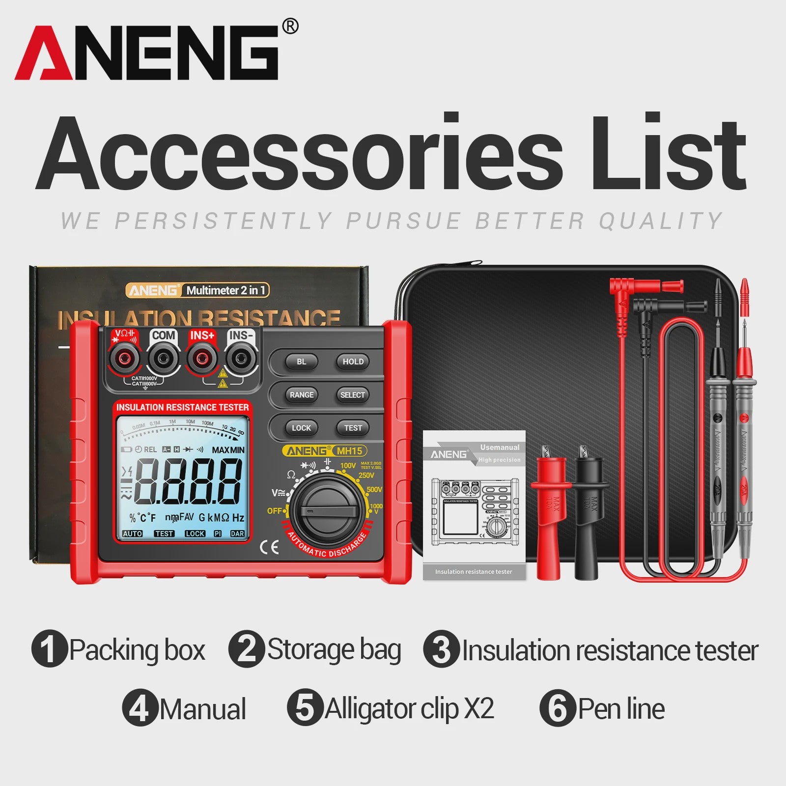 ANENG MH15 Digitale Isolatiemeter - 6000 Counts Weerstandsmeter met 100V/250V/500V/1000V Testspanning