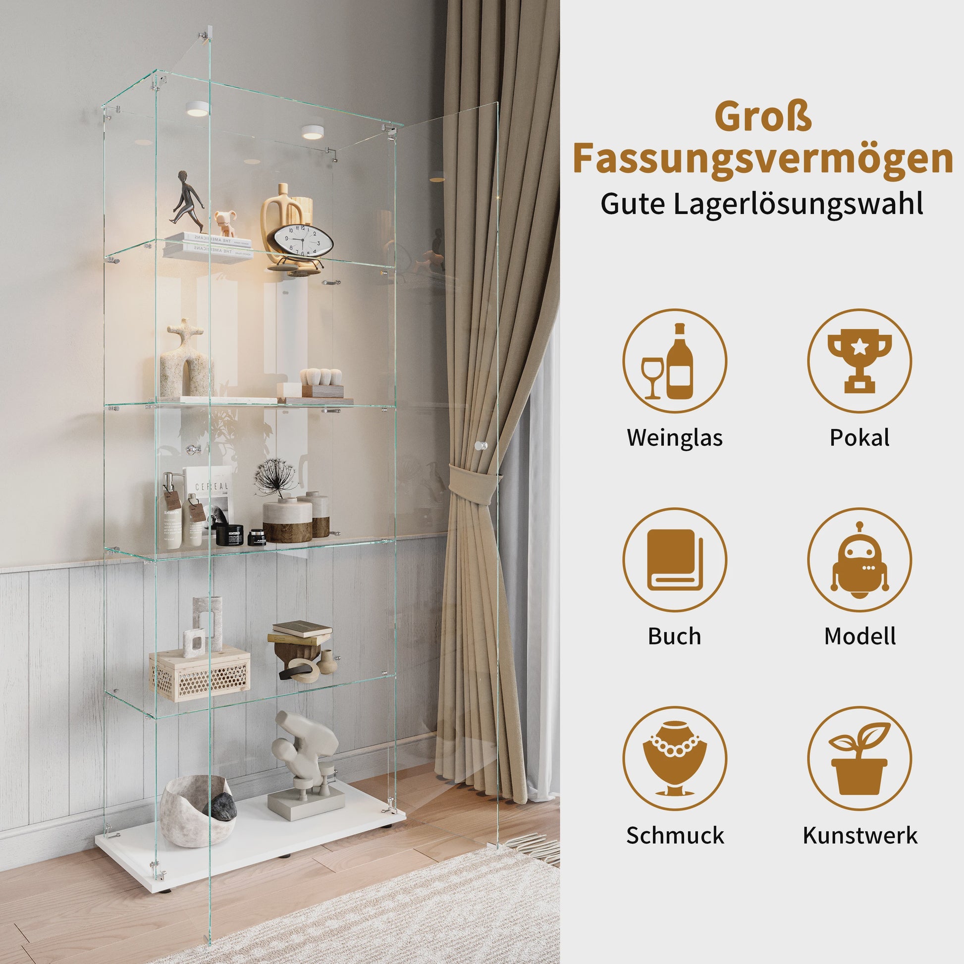 Moderne Glazen Vitrinekast met LED Verlichting - 5 Lagen, 2 Deuren