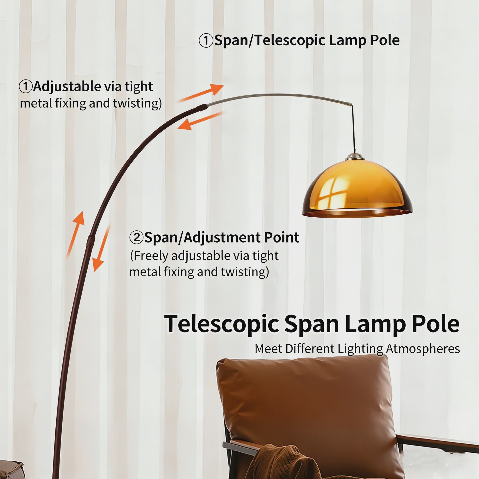 Vintage Boog Plafondlamp Oranje Acryl Kap - Verstelbare Leeslamp