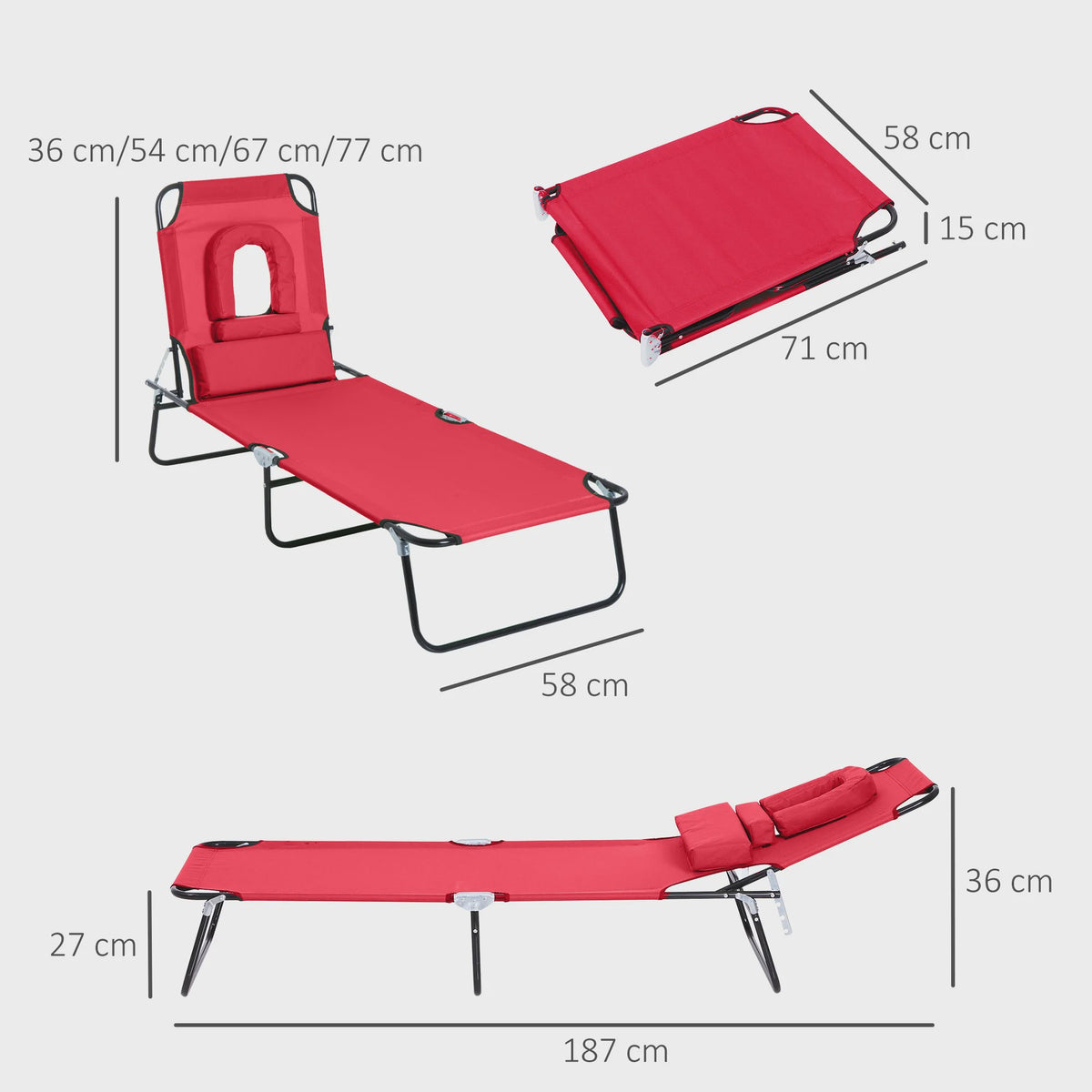 Outsunny Verstelbare Loungestoel / Ligbed met 3 Kussens - Rood