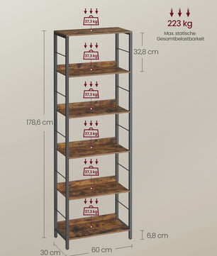 VASAGLE Hoge Boekenkast met 6 Planken - Stijlvolle Opbergkast met Metalen Frame