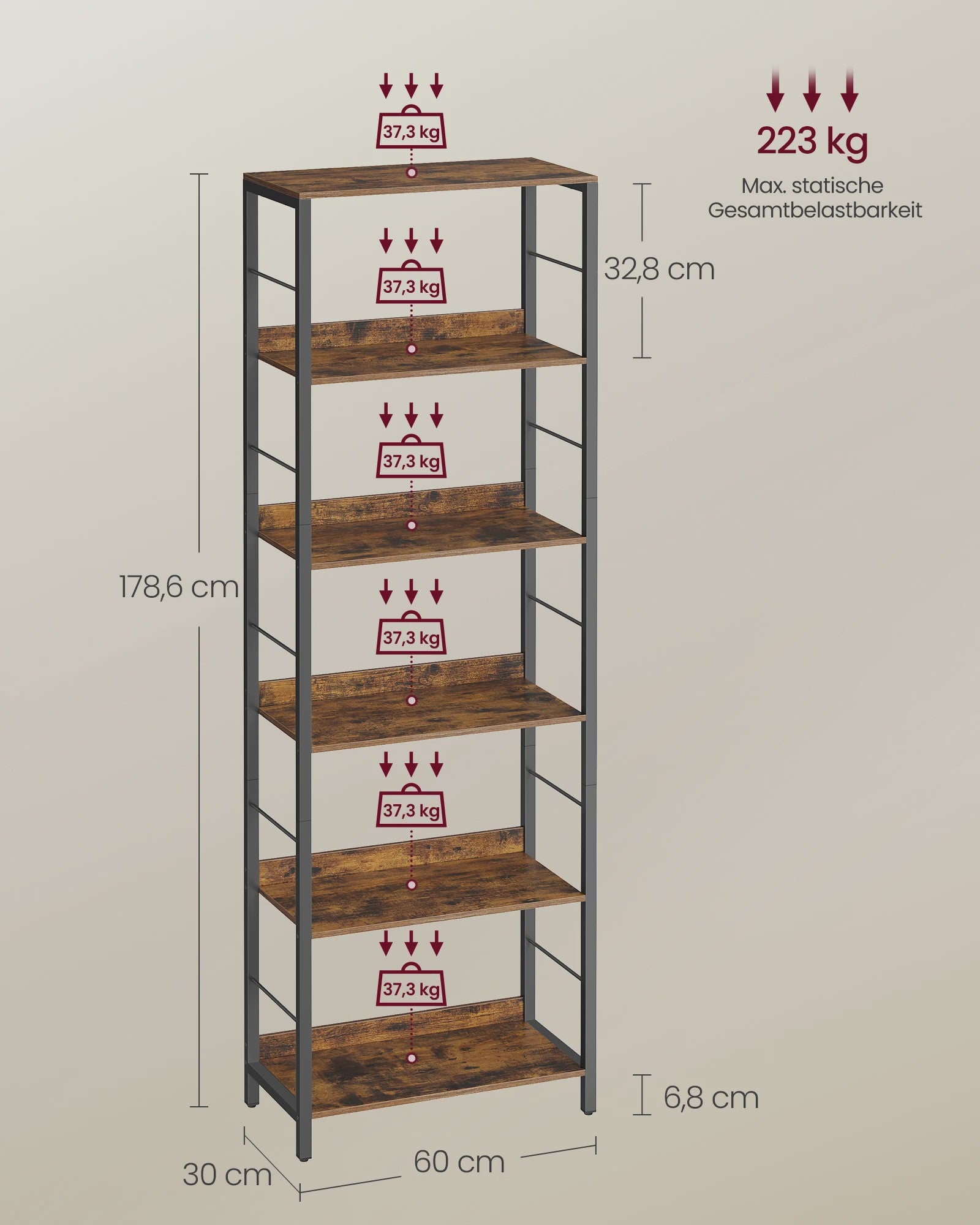 VASAGLE Hoge Boekenkast met 6 Planken - Stijlvolle Opbergkast met Metalen Frame