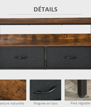 HOMCOM Furniture TV low on legs industrial Style 2 drawers in gray MDF fabric rustic brown and black metal