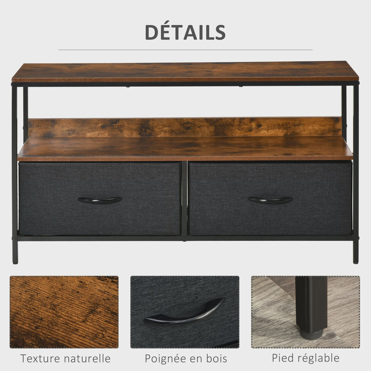 HOMCOM Furniture TV low on legs industrial Style 2 drawers in gray MDF fabric rustic brown and black metal