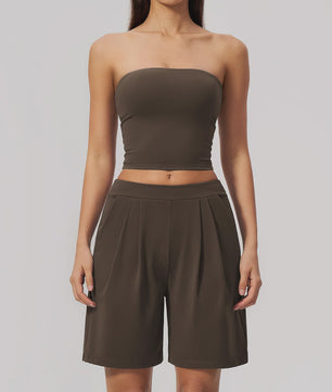 Dames Yogaset 2-delig: Strapless Crop Top & Plissé Shorts voor Fitness, Running & Gym