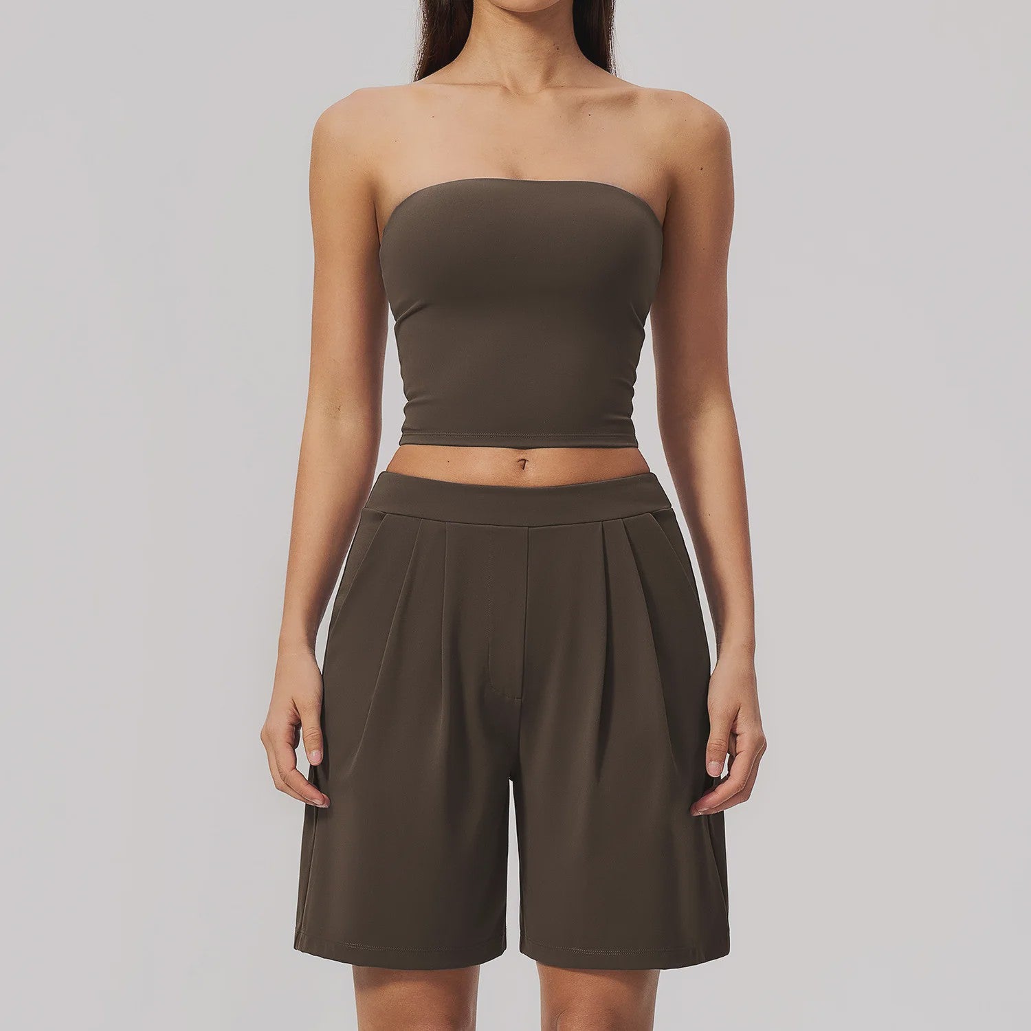 Dames Yogaset 2-delig: Strapless Crop Top & Plissé Shorts voor Fitness, Running & Gym