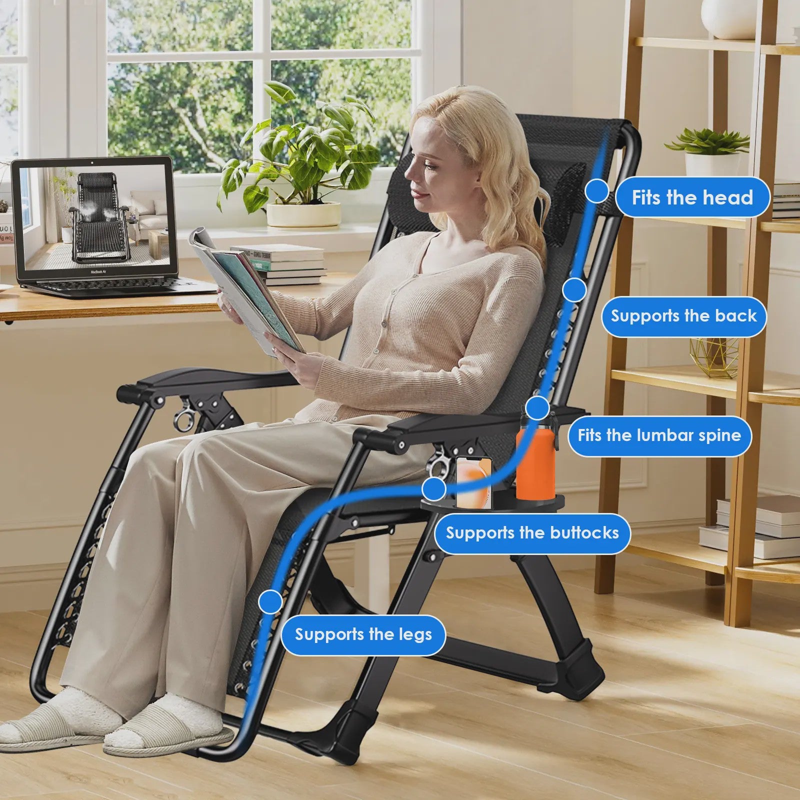 Opvouwbare Loungestoel met Hoofdsteun en Bekerhouder - Verstelbaar tot 170° - Max 150kg