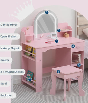 Prinsessenkaptafel met Verlichte Spiegel en Krukje - Kinder Make-up Tafel met Opbergruimte