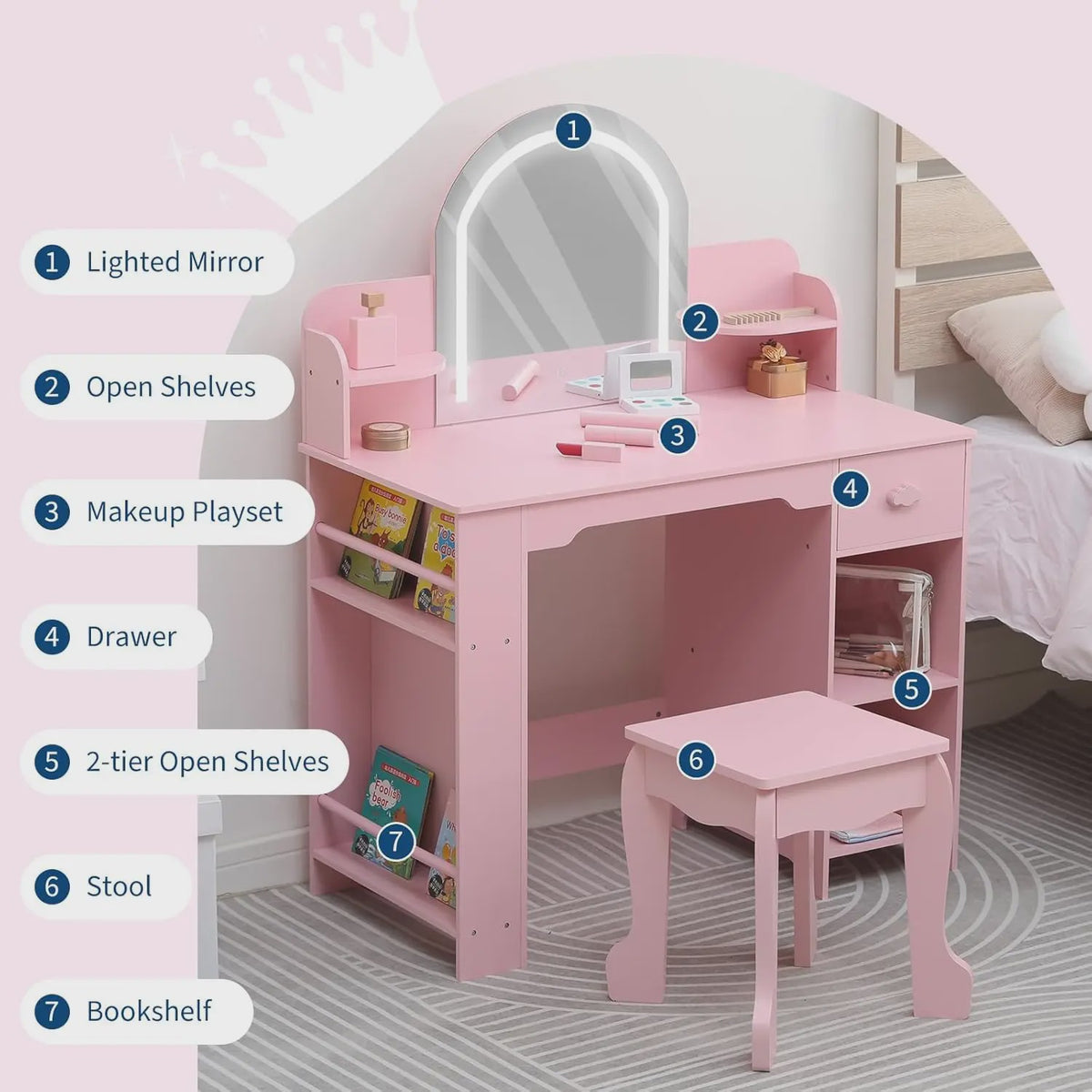 Prinsessenkaptafel met Verlichte Spiegel en Krukje - Kinder Make-up Tafel met Opbergruimte