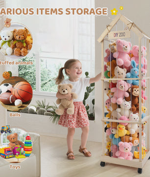 Wooden Cuddly Toy Storage, Stuffed Toy Storage with 360° Brake Equipped Wheels, 145 X 47 X 35 cm Plush Toy Storage for Playroom
