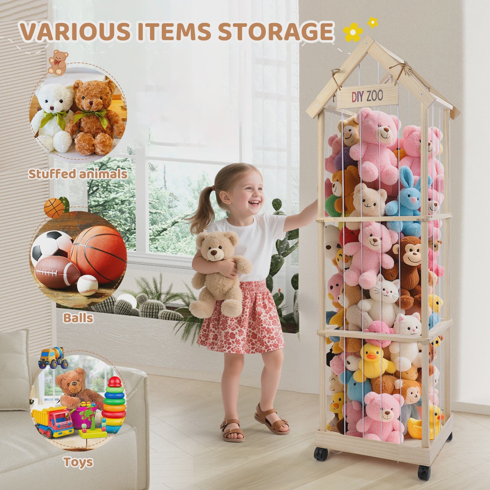 Wooden Cuddly Toy Storage, Stuffed Toy Storage with 360° Brake Equipped Wheels, 145 X 47 X 35 cm Plush Toy Storage for Playroom