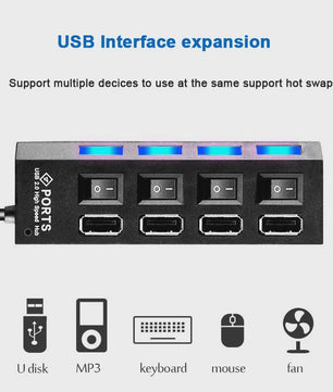 7-Poorts USB Hub met Individuele Aan/Uit Schakelaars - Hoge Snelheid USB 2.0 Splitter
