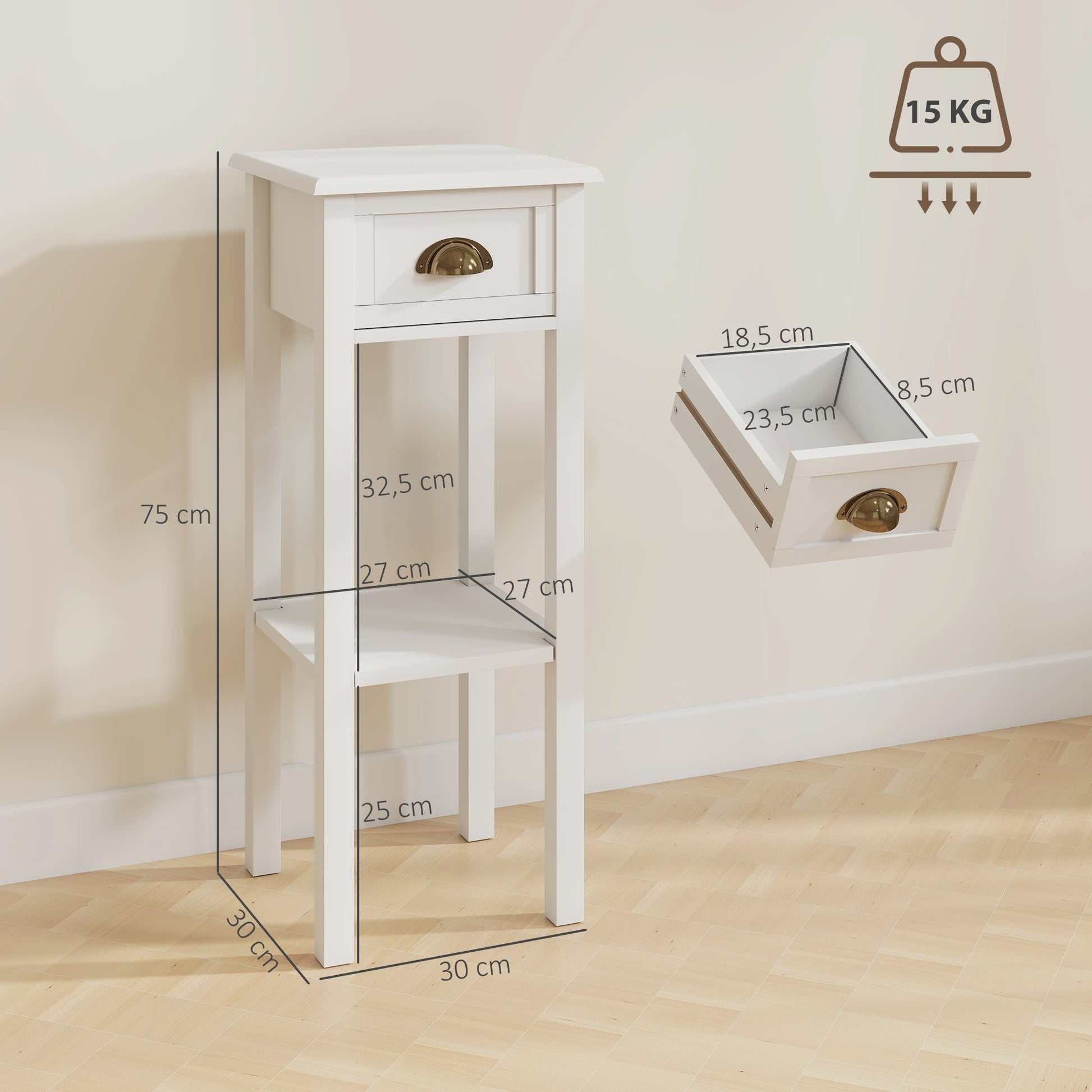 Set van 2 Nachtkastjes met Lade en Plank - Wit, 30x30x75 cm