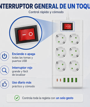 Universele Stekkerdoos met 6 of 8 Schuko Stopcontacten en 6 USB Poorten (2x USB-C, 4x USB-A), 2m Kabel, Wit