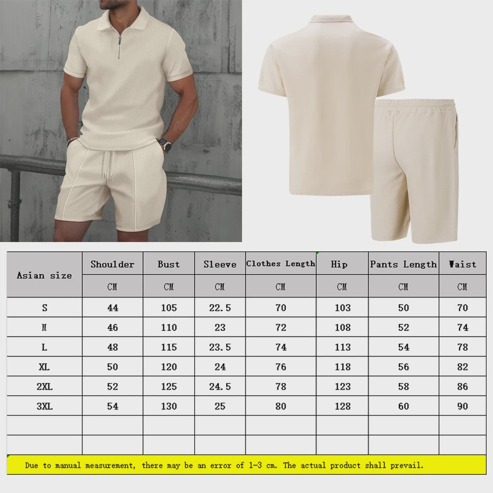 Zomerse Wafel Set: Poloshirt met Rits en Shorts