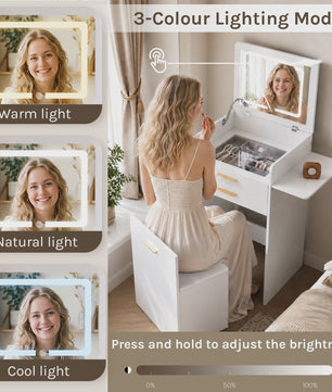 WOLTU Kaptafel met LED Spiegel, Verrijdbare Opbergkruk & Glazen Blad - 3-in-1 Make-up Tafel