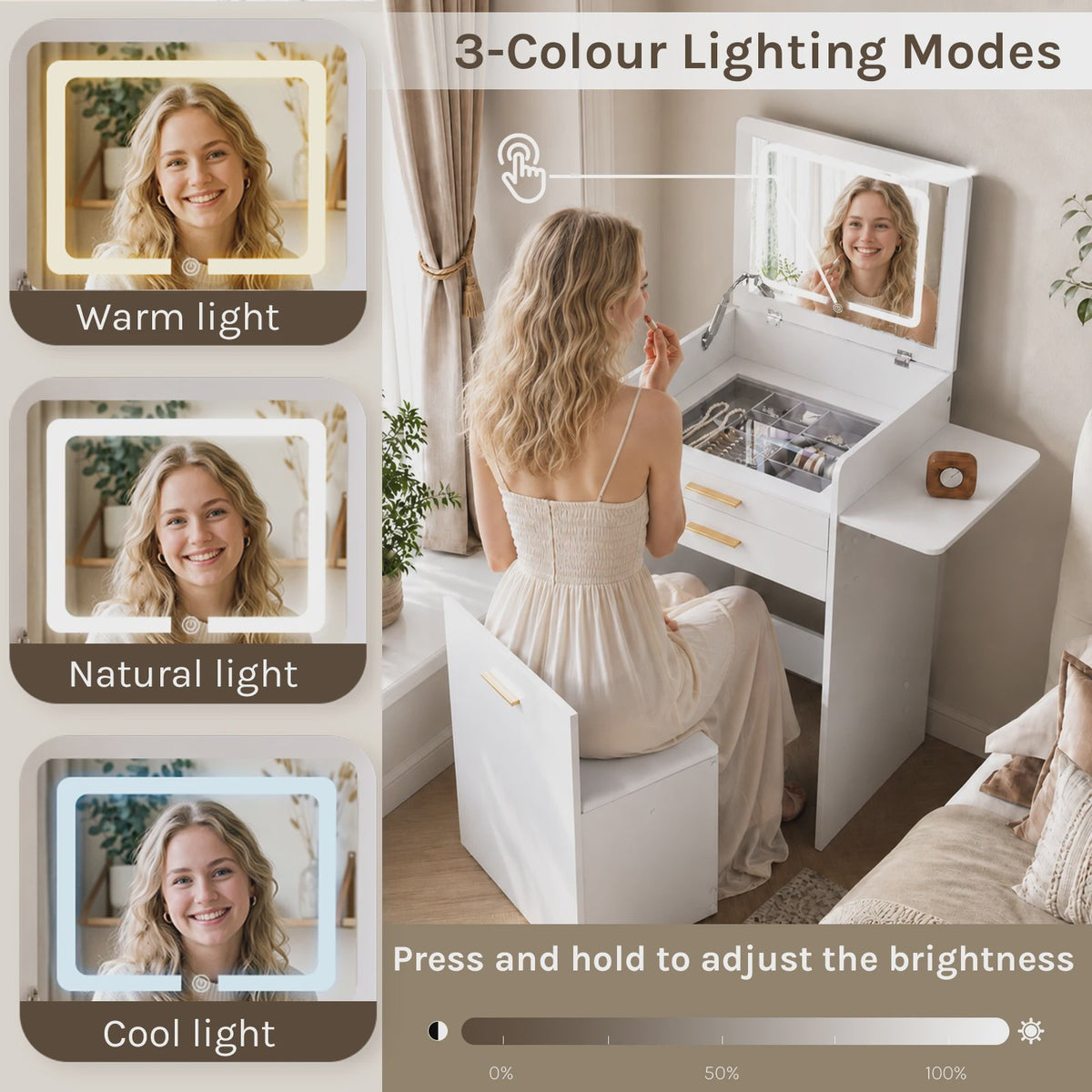WOLTU Kaptafel met LED Spiegel, Verrijdbare Opbergkruk & Glazen Blad - 3-in-1 Make-up Tafel