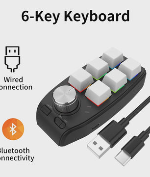 Compact 6-Key Macro Mini Toetsenbord met Draaiknop - USB & Bluetooth, Hot-swap, Programmeerbaar