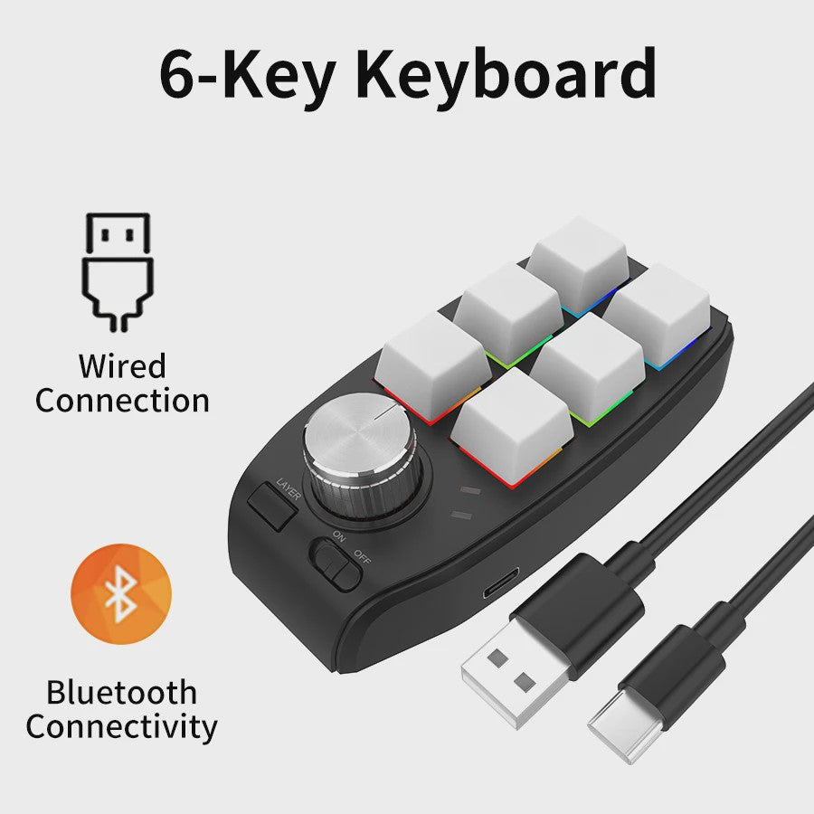 Compact 6-Key Macro Mini Toetsenbord met Draaiknop - USB & Bluetooth, Hot-swap, Programmeerbaar