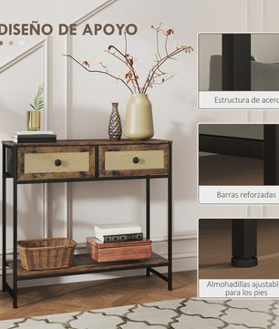 Sfeervolle Console Tafel met Open Plank en 2 Rotan Lades - Rustiek Bruin 80x30x75 cm
