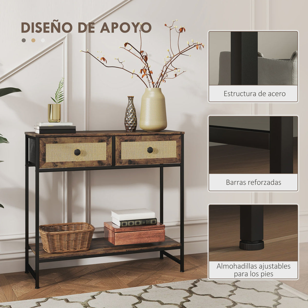 Sfeervolle Console Tafel met Open Plank en 2 Rotan Lades - Rustiek Bruin 80x30x75 cm