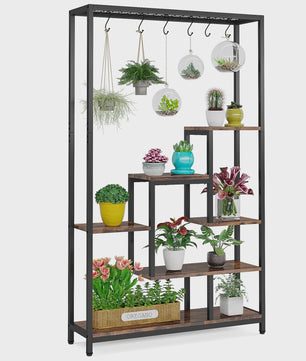 Hoge Plantenstandaard 180cm met 5 Treden en 10 Ophanghaken - Metaal & Hout