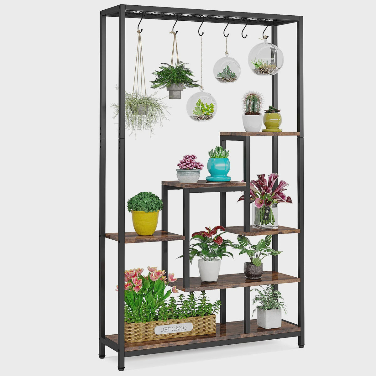 Hoge Plantenstandaard 180cm met 5 Treden en 10 Ophanghaken - Metaal & Hout