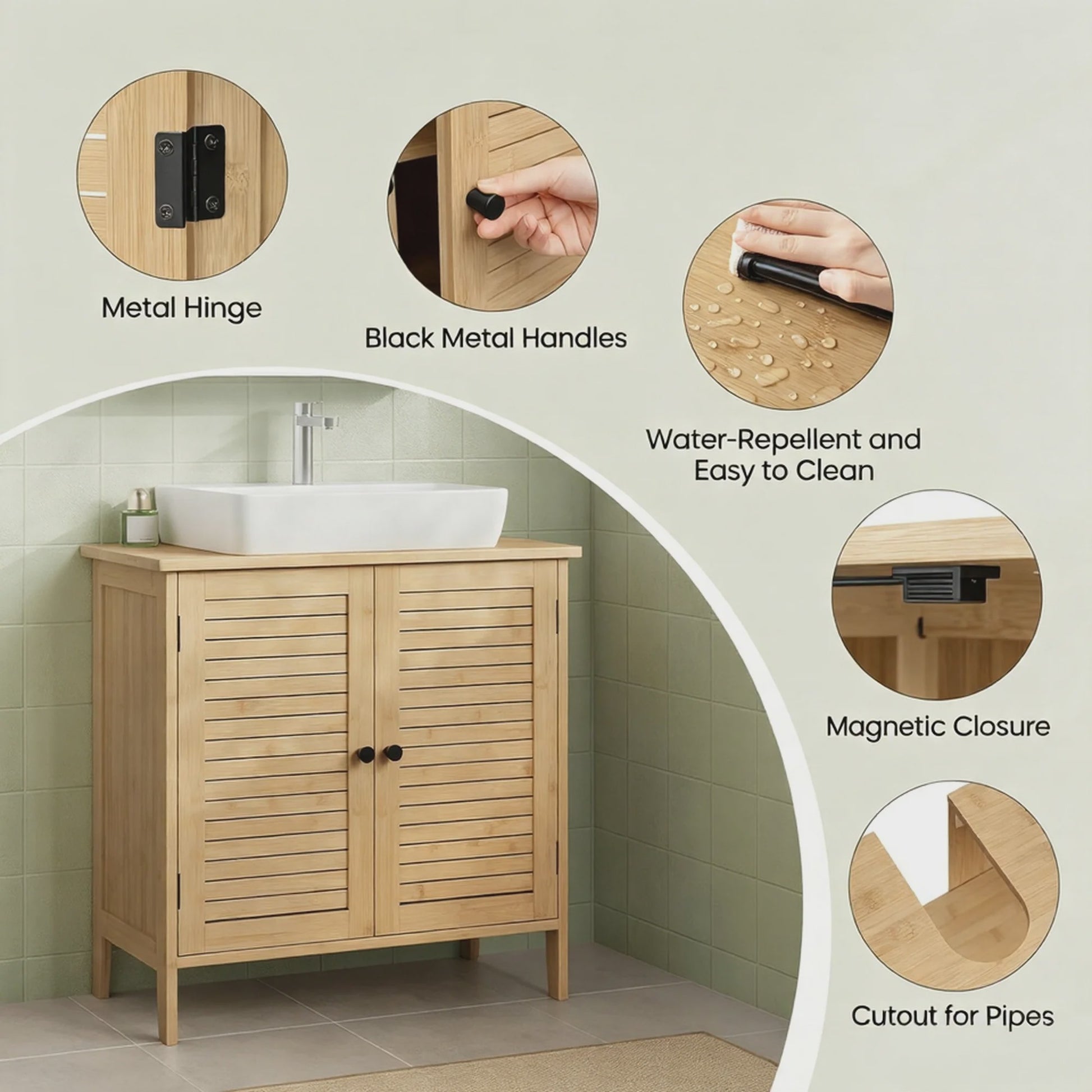Bamboe Onderbouw Kast Badkamer 60x30x60cm met 2 Deuren en Verstelbare Plank