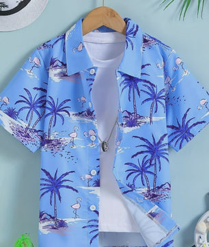 Kinder Hawaii Blouse Korte Mouw met Palmbomen Print - Perfect voor Vakantie en Buitenplezier