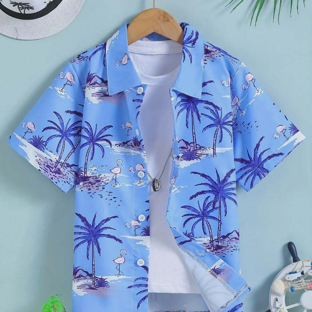 Kinder Hawaii Blouse Korte Mouw met Palmbomen Print - Perfect voor Vakantie en Buitenplezier