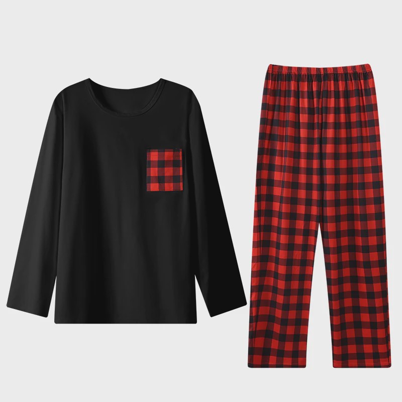 Heren Pyjama Set: Comfortabele Lange Mouwen & Ruitjes Broek voor Herfst/Winter
