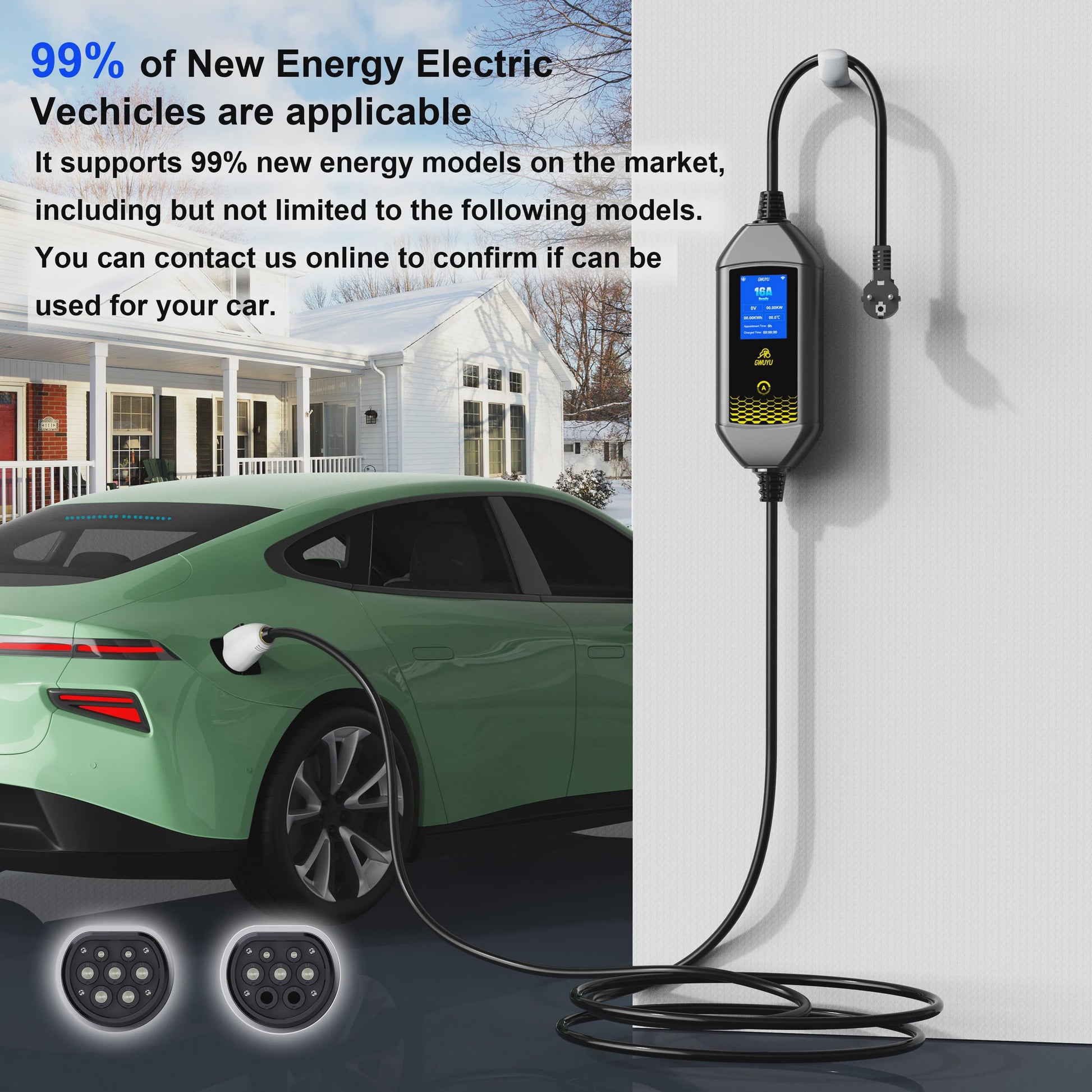 Draagbare EV Charger GWUYU 3.5kW - Type 1, 2, GBT - APP Bediening