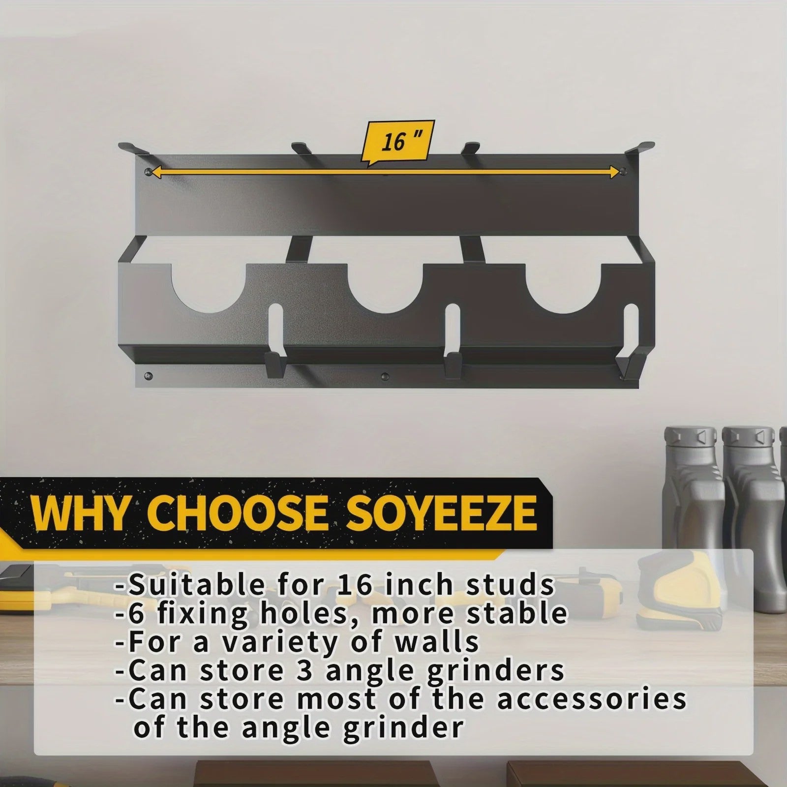 Heavy-Duty Metalen Wandrek voor Gereedschap - 3-Laags Organizer voor Haakse Slijpers en Accessoires