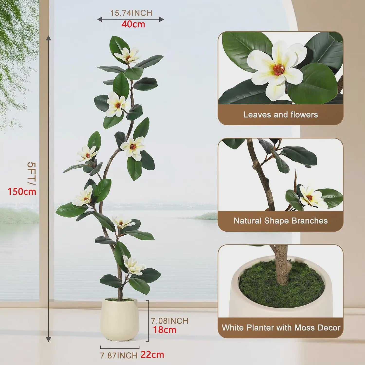 Kunst Magnolia Boom met Witte Pot - 150/180/210cm - Luxe Kunstplant voor Binnen