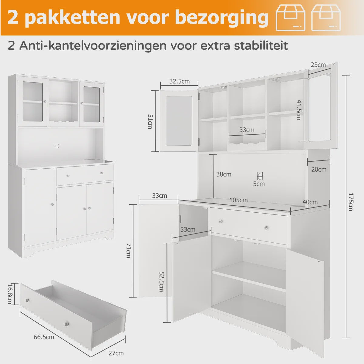 Witte Keukenkast Buffetkast met Werkblad en 2 Lades - Stijlvolle Opbergoplossing voor Keuken & Woonkamer