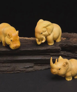 Houten Dieren Beeldjes: Neushoorn, Nijlpaard & Olifant - Handgesneden Decoratie