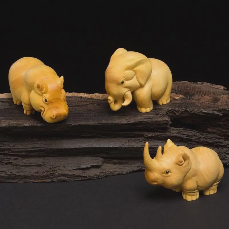Houten Dieren Beeldjes: Neushoorn, Nijlpaard & Olifant - Handgesneden Decoratie