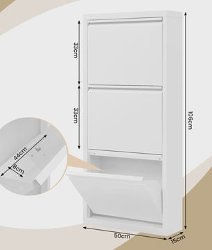 WOLTU Smalle Schoenenkast met 3 Klepkasten - Wit - 50x106x15cm - Hal & Woonkamer