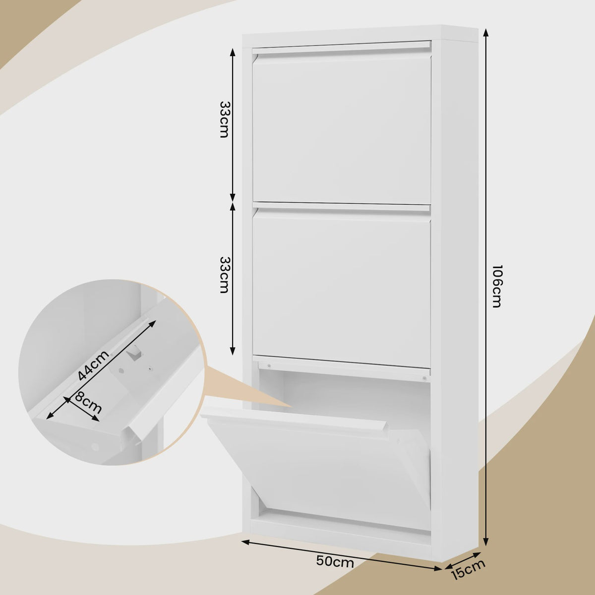 WOLTU Smalle Schoenenkast met 3 Klepkasten - Wit - 50x106x15cm - Hal & Woonkamer