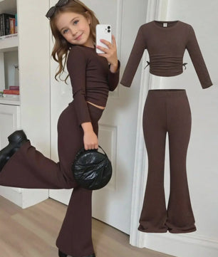 Kids Girls 2 Piece Brown Waffle Knit Ruched Drawstring Crop Top & Flare Pants Set Casual Daily Outfit