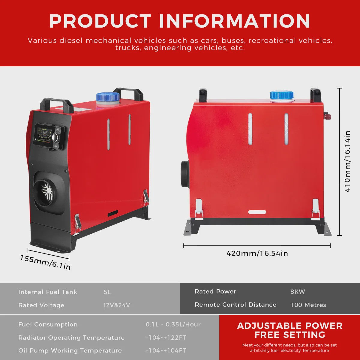 Sunster 8KW Diesel Luchtverwarmer met Bluetooth APP & Afstandsbediening - 12V/24V