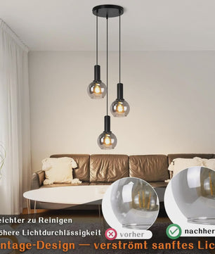 3-Lichts Hanglamp Glas - Vintage Stijl Pendellamp voor Eettafel & Woonkamer - In Hoogte Verstelbaar