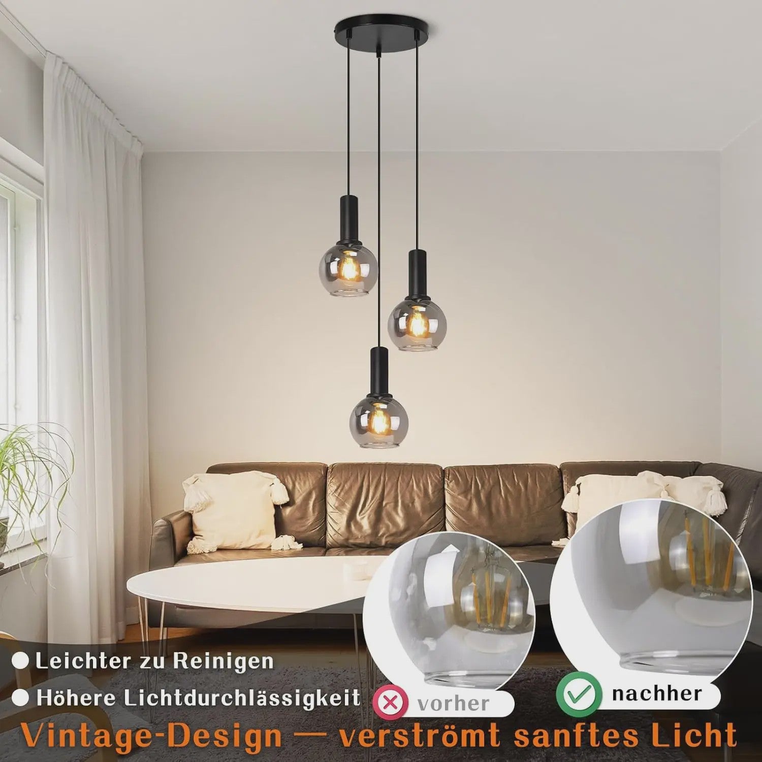 3-Lichts Hanglamp Glas - Vintage Stijl Pendellamp voor Eettafel & Woonkamer - In Hoogte Verstelbaar