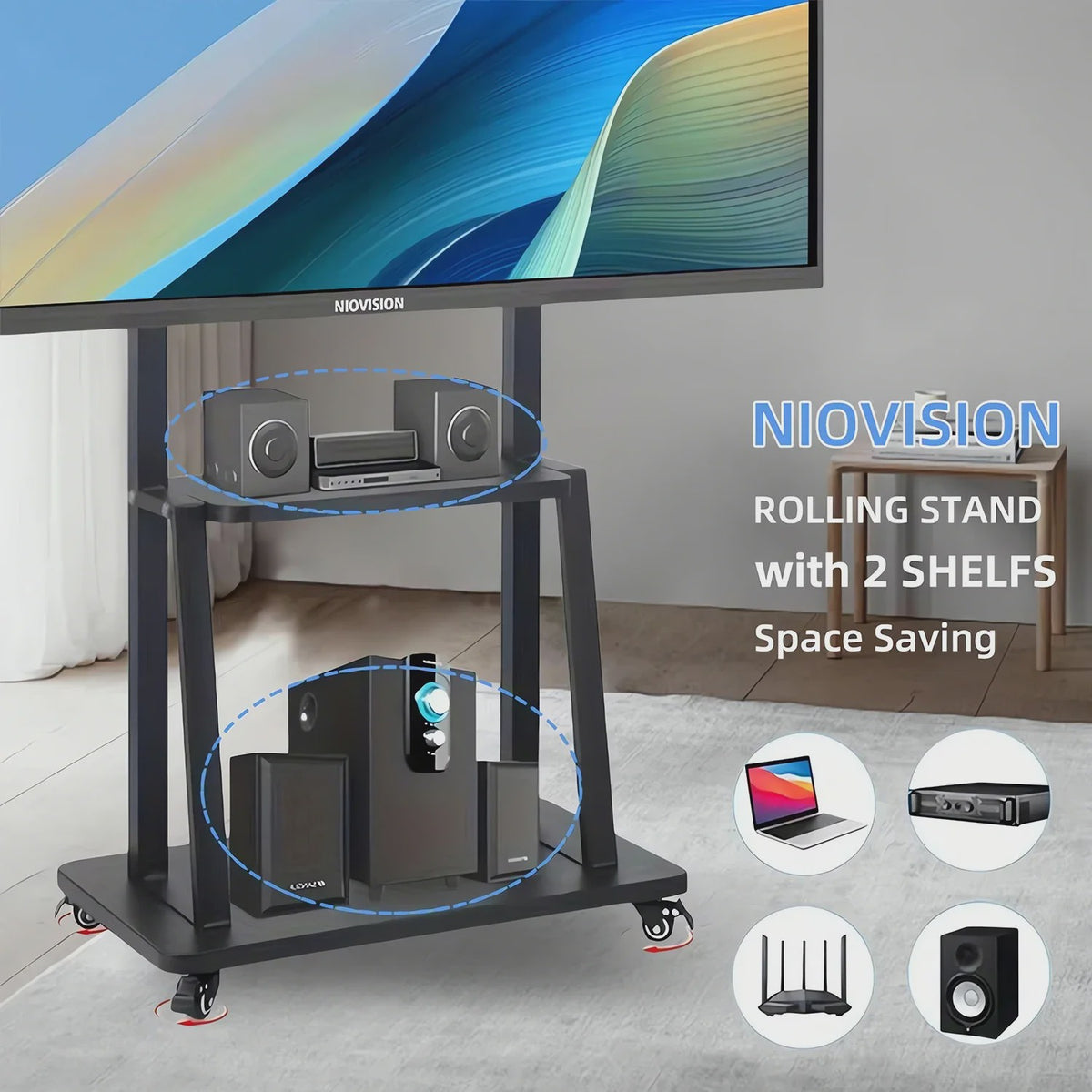 Verrijdbare TV Standaard voor 32-75 Inch TV's met 2 Legborden & Hoogteverstelling