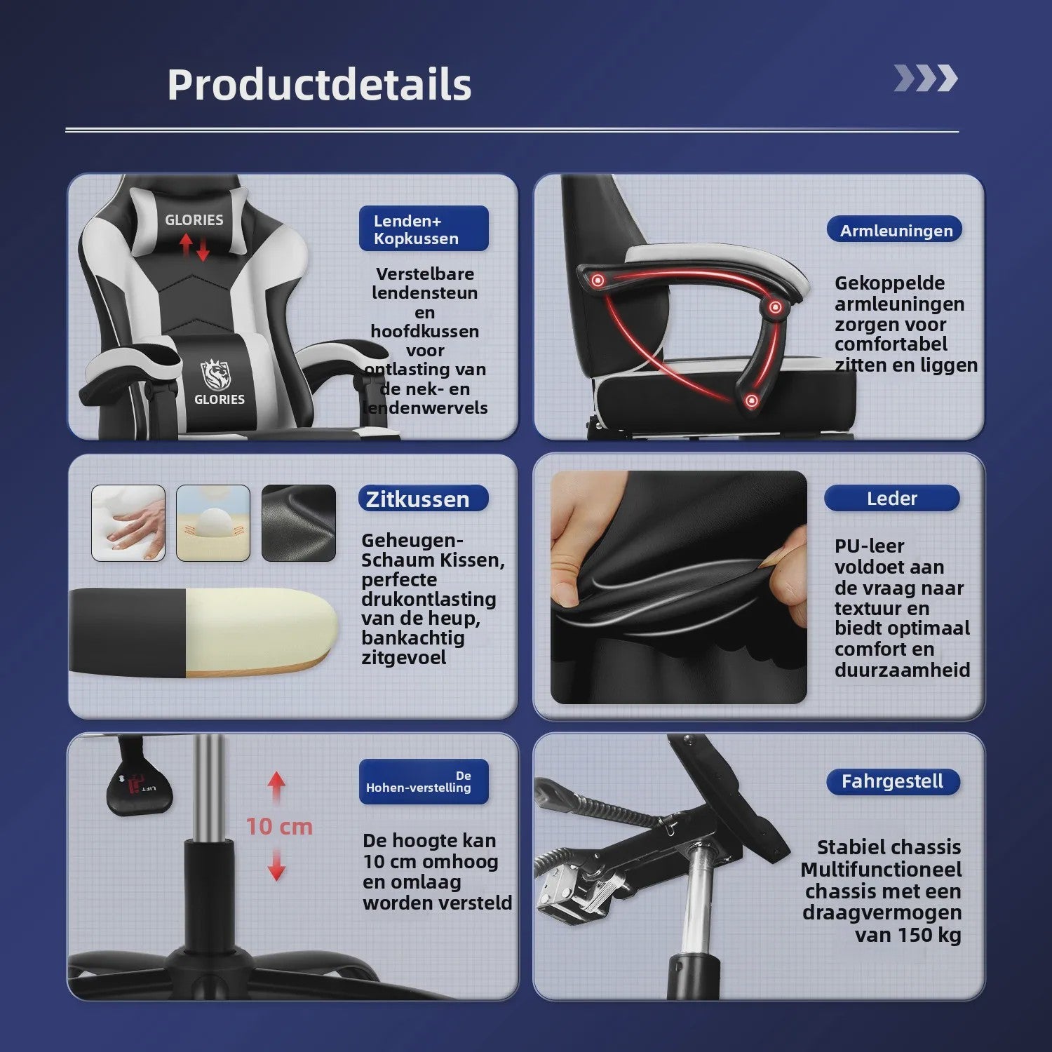 Ergonomische Gaming Stoel met Verstelbare Rugleuning, Lendensteun en Voetensteun - Max 150kg