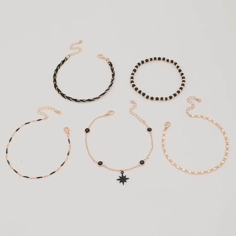 Bohemian Anklet Set: 4-delige Woven Rope & Kralen Enkelbandjes