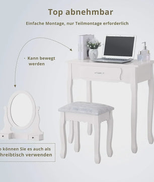 Klassieke Kaptafel met Spiegel en Krukje - Wit