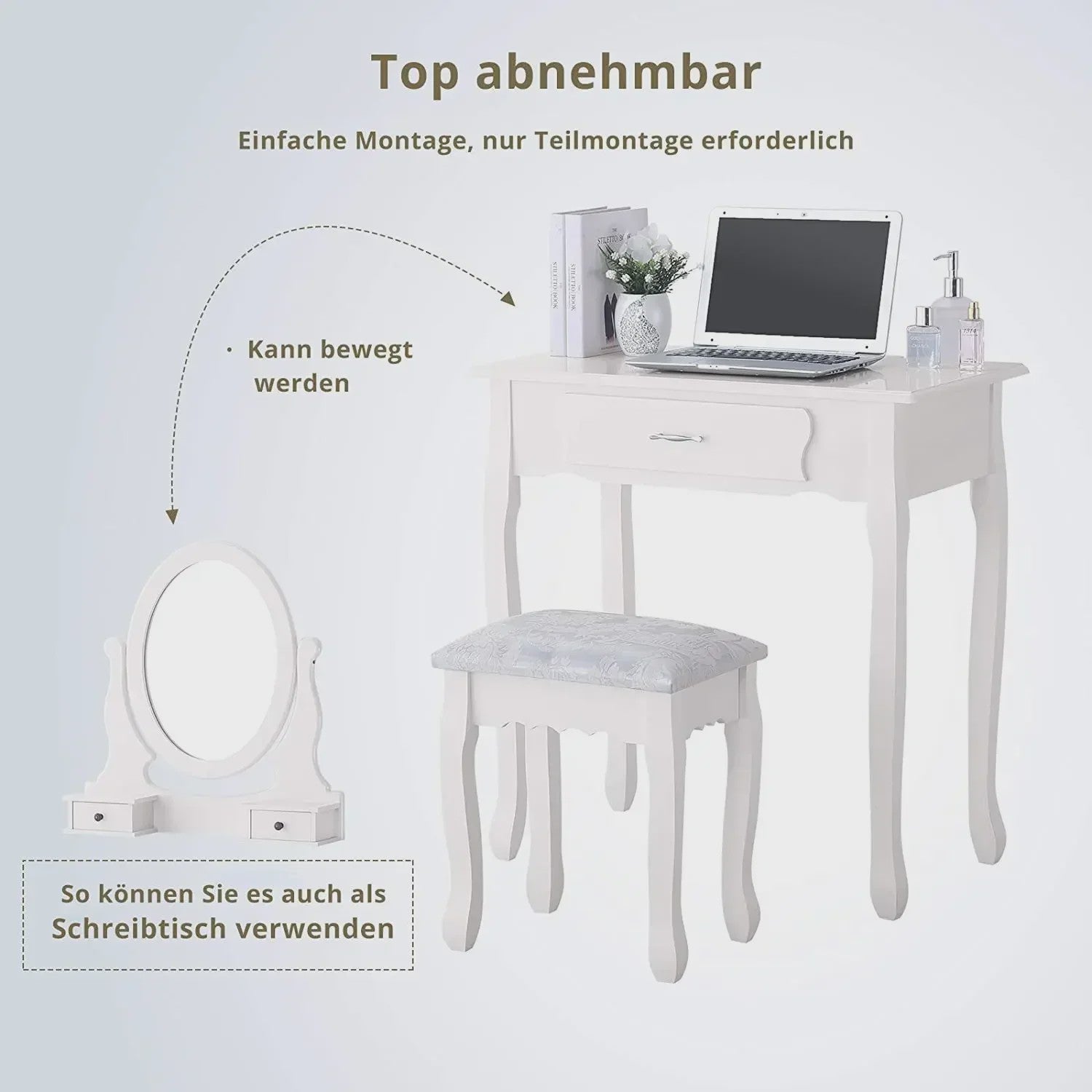 Klassieke Kaptafel met Spiegel en Krukje - Wit