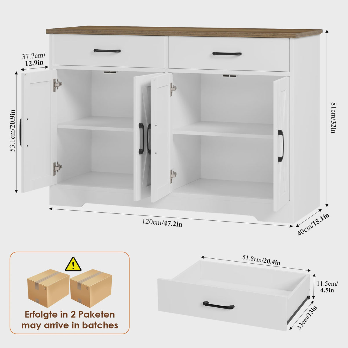 Zwarte Sideboard Kast met 2 Lades en 4 Deuren - 120cm Breed