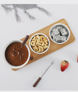 Mini Chocolade Fondue Set met Houten Dienblad en Vorkjes - Perfect voor Feestjes